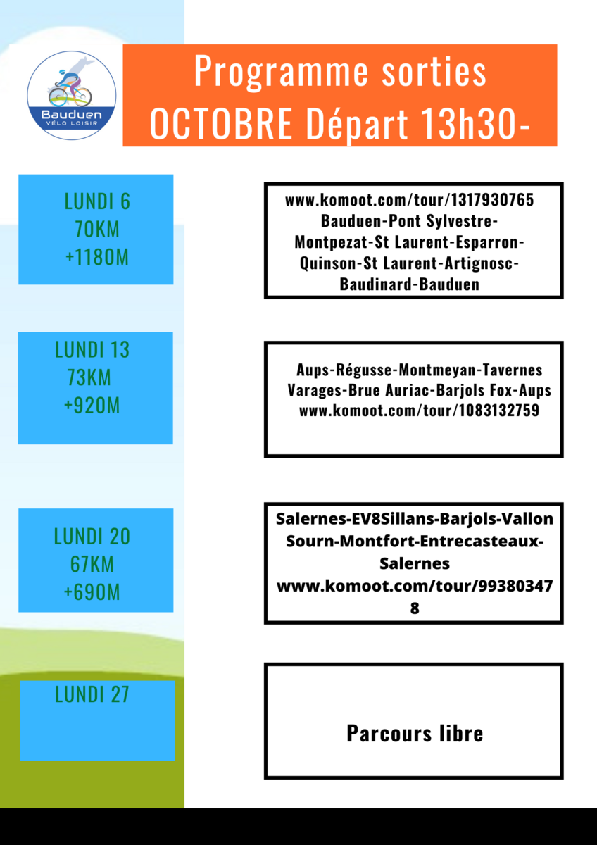 SORTIES HEBDOMADAIRES octobre