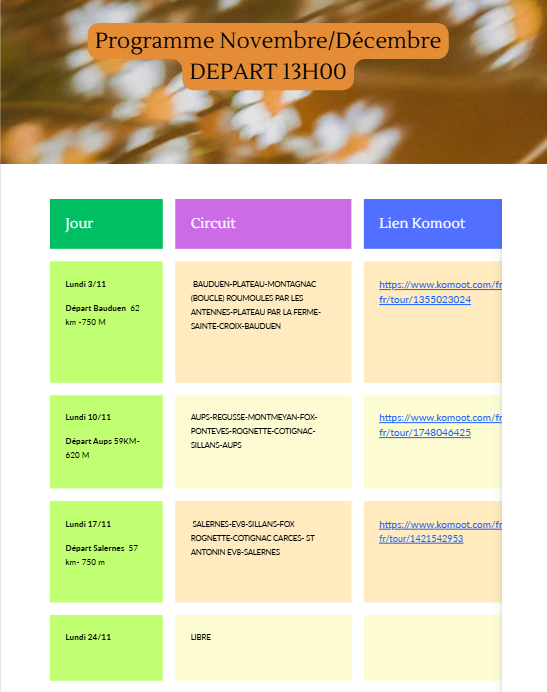 SORTIES HEBDOMADAIRES novembre-