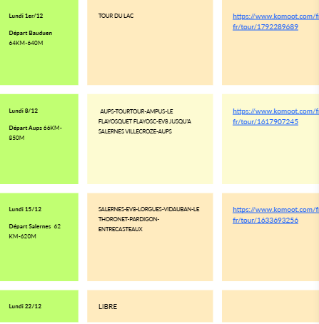 SORTIES HEBDOMADAIRES décembre-